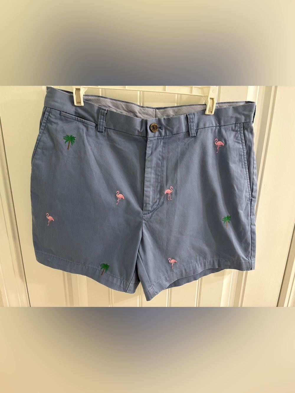 Brooks Brothers Light Blue Shorts with Pink Flamingo & Green Palm Embroidery